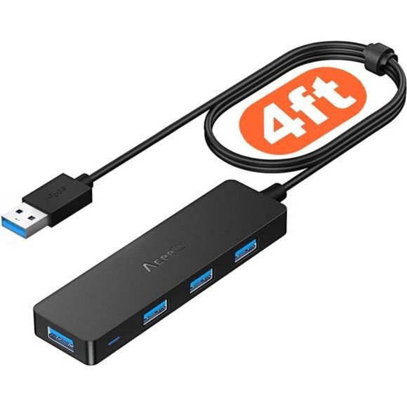 USB Hub 3.0 Splitter with 4ft Extension Long Cable Cord, 4-Port Ultra-Slim - Picture 1 of 5